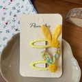 Set of two yellow floral bunny ear hair clips for girls on decorative display card - Yellow Floral