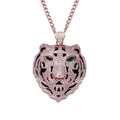 Hip-hop tiger head pendant with white zircon and green eyes on a rose gold curb chain - Rose Gold (Small Clasp + 3mm*60cm Stainless Steel Cuban Chain)