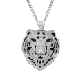 Hip hop tiger head pendant necklace with white zircons and green eyes on Cuban chain - Silver (Small Clasp + 3mm*60cm Stainless Steel Cuban Chain)