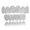 Hip hop silver tooth grillz set with micro-paved cubic zirconia stones on white background - Silver Top And Bottom Teeth
