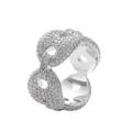 Macro view of iced out silver coffee bean ring with white cubic zirconia pavé - Size 7 / Anchor Chain Design Style / Silver