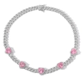 Iced out 9mm Cuban link chain with pink heart-shaped stones for men and women - Necklace / Pink Zircon Heart Silver