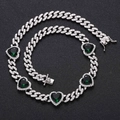 Detail of silver cuban chain with green heart zircon stones and pavé set white crystals - Necklace / Green Zircon Heart Silver