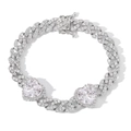Macro view of silver Cuban link bracelet with sparkling white heart-shaped zircons - Bracelet / White Zircon Heart Silver