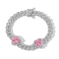 Macro view of silver Cuban chain bracelet featuring pink heart stones and clear cubic zirconia - Bracelet / Pink Zircon Heart Silver
