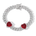 Close-up of silver Cuban chain featuring heart shaped red zircons and white crystals - Bracelet / Red Zircon Heart Silver