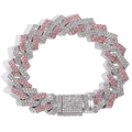Gros plan d'une chaîne cubaine de 14mm avec strass roses et blancs et fermoir à boîte - Style Strass Rose Blanc (Bracelet) / 8 pouces