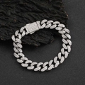Bracciale Cuban Link da 12mm per uomo con zirconi incastonati e chiusura quadrata - Argento / 7 pollici