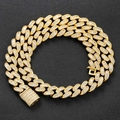 Hip hop 15mm gold Cuban link chain necklace with baguette cut cubic zirconia for men - 20inch (Necklace) / Gold