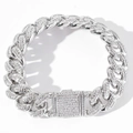 Chaîne cubaine classique de 15mm en argent 925 avec diamants moissanite pavés brillants - Bracelet Court (7inch) / Argent