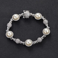 Bracciale hip-hop argento con perle bianche e decorazioni con diamanti incastonati - 7 pollici (Bracciale 18 cm) / Argento