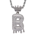Hip hop 925 silver Moissanite crown letter B pendant with drip effect on rope chain - 3mm*60cm Stainless Steel Rope Chain / Silver B