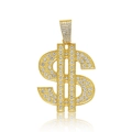 Macro shot of hip hop dollar sign pendant with sparkling pavé crystals on white background - Gold