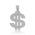 Detailed close-up of a silver dollar sign pendant with sparkling pavé rhinestones - Silver