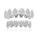 Hip hop silver grillz set with sparkling zircon stones and diamond pattern on white background - Full Teeth Set / Silver