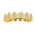 Close-up of gold-plated hip hop grillz with micro-pave cubic zirconia in diamond pattern - Upper / Gold