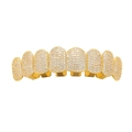 Close-up of gold-plated iced out grillz with micro-pave zirconia stones and metal slots - Gold Top