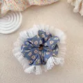 Dettaglio dell'elastico floreale blu polvere con pizzo bianco e motivo a margherite - Floreale Blu