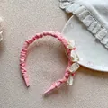 Detail of pink plaid hairband with ruffled white lace and elegant bead embellishments - Bow Lace Pleated Headband