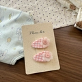 Close-up of pink plaid hair clips with white mesh flowers on beige display card - Teardrop Plaid Flower Hair Clip