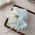 Gros plan d'un chouchou en organza bicolore avec des perles et un nœud en ruban de soie - Bleu