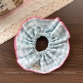 Close-up of light blue checkered scrunchie with pink wavy edges and premium fabric texture - Blue Plaid Scrunchie