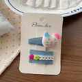 Detail of denim fabric hair clips with lace trim and cute fabric cat head on card - Set (Hair Clips) / Blue And Pink Cat Hair Clip