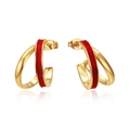 Chic double-hoop C-shaped earrings in gold-plated metal with red enamel details - Red