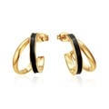 Macro view of gold-plated C-shaped earrings with black enamel double loop detail - Black