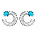 Silver C-shaped earrings with wave texture and oval turquoise gemstone inlays - Steel