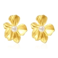 Elegant 18k gold plated stainless steel flower stud earrings with white pearl center - Gold