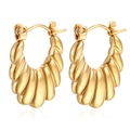 Detailed view of gold plated croissant dome hoop earrings in polished stainless steel - Croissant Striped Style (HL-40) / Gold