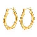 Detailed view of 18K gold plated hoop earrings featuring a bamboo texture and high polish - Bamboo Texture Style (HL-80) / Gold