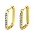 Detail of gold U-shaped earrings featuring six row-set white zircons on polished steel - White Rhinestone (White Rectangle)