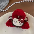 Detail of red plush hair claw clip with embroidered cartoon cat on a ceramic plate - Red Cartoon Cat Bow Claw Clip