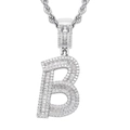 Close-up of iced out silver letter B pendant with baguette stones on a rope chain - Letter B / 60cm Twist Chain / Silver