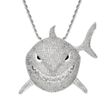 Shark Anhänger Halskette mit weißen Zirkonia im Hip-Hop-Street-Style für Herren - Hai Anhänger + 3mm*60cm Edelstahl Seilkette / Silber