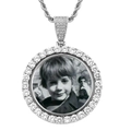 Rundes Foto-Medaillon-Halskette mit Zirkonia-Lünette und silberner Kordelkette für Herren - Edelstahl-Kordelkette / Silber