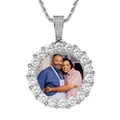 Detail of custom silver photo pendant with zircon stones and a memorial couple picture - Silver