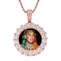 Macro shot of custom round photo pendant with rose gold finish and pavé cubic zirconia - Rose Gold