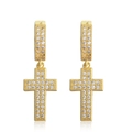 Hip hop style gold double row zircon cross dangle earrings with pavé stones for men - Gold/Pair