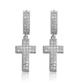 Hip hop silver cross drop earrings with double-row micro-pave cubic zirconia inlay - Silver/Pair