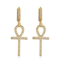 Iced out gold Ankh cross hoop earrings with white zircon micro-paving on white background - Pair (Ankh Cross Style 3) / 925 Silver / Gold