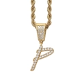 Nahaufnahme des Hip-Hop-Anhängers Buchstabe P mit Zirkonia und goldener Seilkette - Buchstabe P / Edelstahl-Kordelkette / Gold