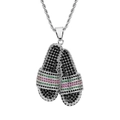 Collier hip hop argenté avec un pendentif tong orné de zircons brillants et colorés - Pendentif Pantoufle à Rayures Colorées (BESDZ0340) / Chaîne Torsadée en Acier Inoxydable / Argenté