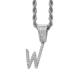 Nahaufnahme von silbernem W-Anhänger mit Zirkonia-Besatz und gedrehter Kordelkette - Buchstabe W / Edelstahl-Kordelkette / Silber