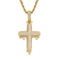 Golden hip hop drip cross pendant with pave zircons and rope chain for men and women - (style 1) Gold Color + 60cm Braided Chain