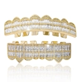 Hip hop style gold dental grills set with micro-pave rectangular cubic zirconia stones - Style 2 Set / Gold
