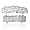 Hip hop 8-tooth silver grills set with shiny micro-paved baguette and round cubic zirconia - Style 2 Set / Silver