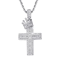 Ciondolo a croce con corona hip hop con pietre di zirconi baguette su catena a fune - Solo Ciondolo a Croce d'Argento (Senza Catena)